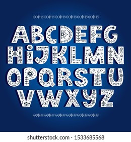 Vector bold alphabet decorated with nordic folk ornaments. Display font.