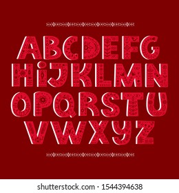 Vector bold alphabet decorated with nordic folk ornaments. Display font.