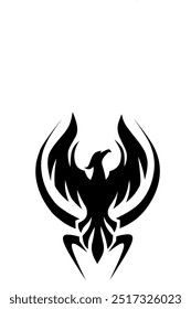 Vector Bold black phoenix silhouette with outstretched wings, symbolizing rebirth, power, and transformation. Perfect for logo designs, tattoo concepts, or as a striking emblem for branding projects.