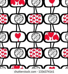 Vector bold black and red heart fabric design seamless ornament pattern background