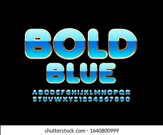 Vector Bold Blue and Gold Alphabet Letters and Numbers. Luxury shiny Font