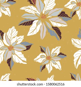 Vector Bold Colorful Seamless Pattern With Big White  Poinsettia Flowers On Ocher Yellow Background. Loose Sketchy Drawing.