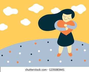 Vector bold flat style illustration of a cartoon girl hugging a big heart shape representing love yourself and self esteem concept