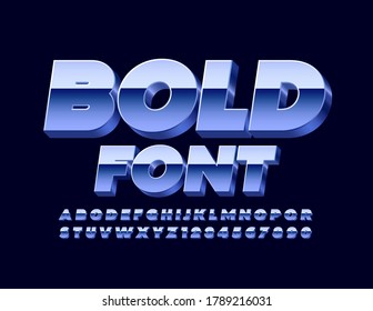 Vector Bold Font. Blue Metallic Font. Modern Reflective 3D Letters and Numbers