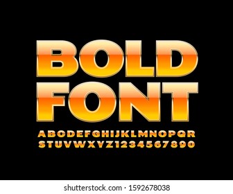 Vector Bold Font. Orange and Gold shiny Alphabet Letters and Numbers