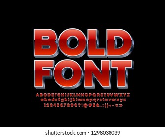 Vector Bold Font. Red And Silver 3D Alphabet Letters, Numbers And Symbols.