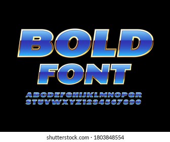 Fuente vectorial negrita. El oro brillante y el alfabeto azul. Letras y números de estilo premium brillante