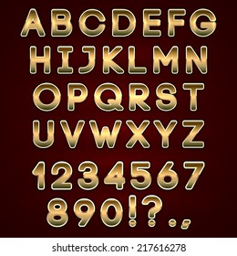 Vector bold gold  neon alphabet letters, digits and punctuation signs on dark background