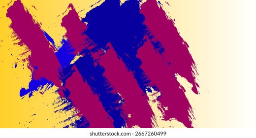 Vector con trazos de pincel grunge en magenta y azul sobre un fondo degradado amarillo. Perfecto para el diseño creativo, carteles, arte digital y texturas artísticas.
