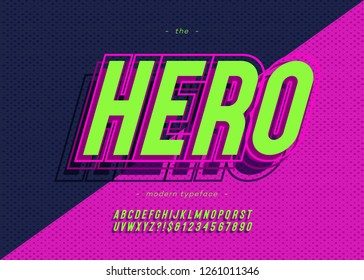 Vector bold hero font trendy typography color style for decoration, logo, party poster, t shirt, book, greeting card, sale banner, printing on fabric. Cool 3d typeface. Modern alphabet. 10 eps