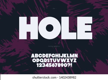 Vector bold hole font modern typography for decoration, logo, party poster, t shirt, book, card, sale banner, printing on fabric, stamp. Cool alphabet. Trendy typeface. 10 eps