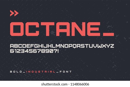 Vector bold industrial style display font, modern blocky typeface, futuristic uppercase letters and numbers, alphabet. Global swatches.