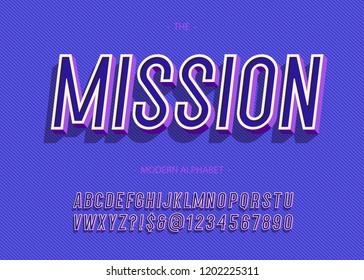 Vector bold mission alphabet trendy typography sans serif 3d style for concept, book, promotion, poster, decoration, t shirt, sale banner, printing on fabric. Cool font. Modern typeface. 10 eps