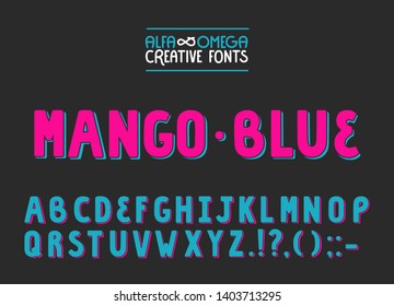 Vector of bold modern and blue pink simple font. Colorful alphabet with bulk letters with black stroke