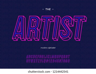 Vector bold neon artist font trendy typography color style for decoration, logo, party poster, t shirt, book, greeting card, sale banner, printing on fabric. Cool 3d typeface. Modern alphabet. 10 eps