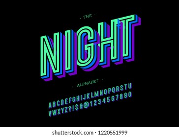 Vector bold night font trendy typography colorful style for decoration, logo, party poster, t shirt, book, greeting card, sale banner, printing on fabric. Cool 3d typeface. Modern alphabet. 10 eps