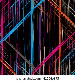 Vector bold plaid pattern with thin brushstrokes and thin stripes hand painted in bright red, green, blue colors. Dynamic striped print texture for fall winter retro fashion and sportswear