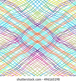 Vector bold plaid pattern with thin brushstrokes and thin stripes hand painted in bright red, green, blue colors. Dynamic striped print texture for fall winter retro fashion and sportswear