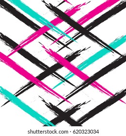 Vector bold plaid pattern with thin brushstrokes and thin stripes hand painted in bright red, green, blue colors. Dynamic striped print texture for fall winter retro fashion and sportswear