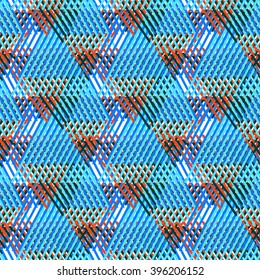 Vector bold seamless pattern with diagonal colorful lines and stripes in multiple bright blue colors. Geometric striped modern print in 1980s style for textile design. Abstract tech grunge background