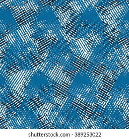 Vector bold seamless pattern with dynamic diagonal crossing lines and strips in black, white, blue colors. Geometric striped modern print in 1980s style for textile design. Abstract techno background