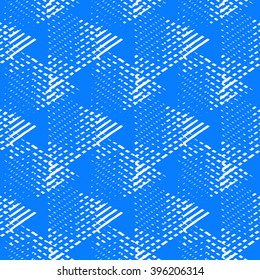 Vector bold seamless pattern with dynamic diagonal crossing lines and stripes in bright blue, white colors. Geometric striped modern print in 1980s style for textile design. Abstract techno background