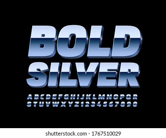 Vector Bold Silver Alphabet Letters and Numbers. 3D Metallic Font