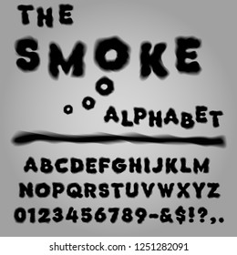 Vector of bold smoke font and alphabet. Black smoke alphabet letters, numbers and symbols. The letters have an unusual shape and blurred edges. EPS 10.