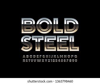 Conjunto de alfabetos de acero negrita vectorial. Letras y símbolos metálicos para el diseño. Fuente de plata brillante