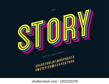 Vector bold story alphabet modern typography sans serif 3d style for book, promotion, poster, decoration, t shirt, sale banner, printing on fabric. Cool font. Trendy typeface. 10 eps