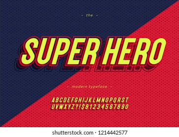 Vector bold super hero font trendy typography color style for decoration, logo, party poster, t shirt, book, greeting card, sale banner, printing on fabric. Cool 3d typeface. Modern alphabet. 10 eps