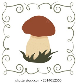 Vector boletus mushroom in a frame of twisted linear elements