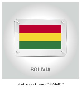 Vector Bolivia Flag glass plate with metal holders - Country name label in bottom - Gray background vector illustration