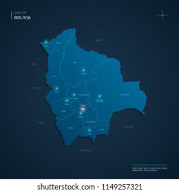 Vector Bolivia map illustration with blue neon lightpoints - triangle on dark blue gradient background. Administrative divisions, cities, borders, capital. Neon tech background with glow. 