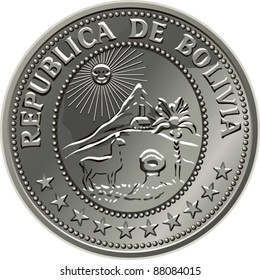 vector Bolivian money, the silver centavo coin fifty with the image of a sunrise in the mountains