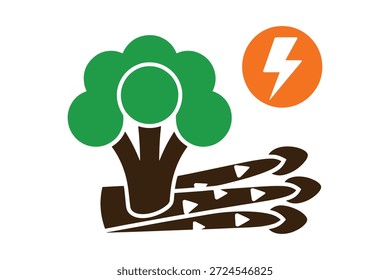 Vektorbolzen mit Brokkoli und Spargel mit Blitzbolzensymbol auf weißem Hintergrund. Skalierbares Design, geeignet für verschiedene Anwendungen.