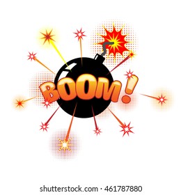 Vector bomb with a burning cord that will soon explode and says "boom!"