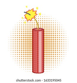 Vector Bomb Icon on Orange Halftone Background. Detonate Dynamite Concept. TNT Red Stick. Design Element for Flyer and Poster. Explode Flash, Burn Explosion.