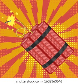 Vector Bomb Icon on Red Halftone Background. Detonate Dynamite Concept. TNT Red Stick. Design Element for Flyer and Poster. Explode Flash, Burn Explosion.