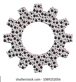 Vector bomb icons are combined into gearwheel mosaic. Service design concept constructed from bomb pictograms.