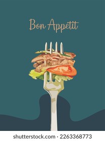 Vector Bon Appetit graphic poster with food illustrations. Steak and chopped vegetables on a fork

