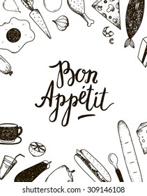 Vector Bon Appetit graphic poster with food illustrations. Black and white.