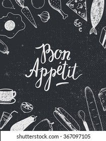 Vector Bon Appetit graphic poster with food illustrations, menu cover, food banner. Black and white. Blackboard 