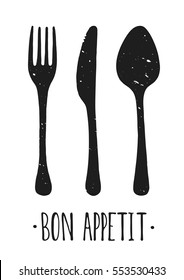 Vector Bon appetit. Hand drawn. Poster. Lettering. Illustration. Fork and knife.