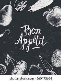 Vector bon appetit poster, banner. Black and white. Hand drawn fruit and vegetables, vegetarian, healthy food. Lettering