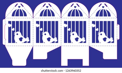 Vector bonbonniere with bird at the cage for Valentines day. Laser cut template isolated on blue background. Openwork box with silhouette of bird singing the love song. Gift cube to print, fold.