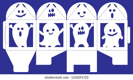 Vector bonbonniere with Halloween spooks. Laser cut template isolated on blue background. Openwork box with silhouette of ghosts, scare characters with assorted expressions. Gift cube to print, fold.
