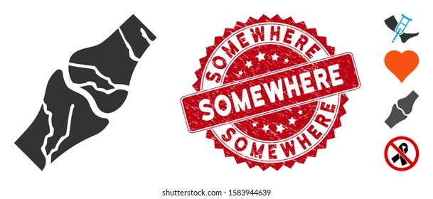 Vector bone cancer icon and grunge round stamp seal with Somewhere text. Flat bone cancer icon is isolated on a white background. Somewhere stamp seal uses red color and dirty design.