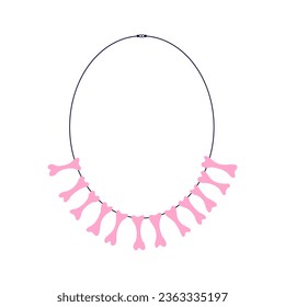 Vector bone necklace flat illustration. Pink necklace with little bones 