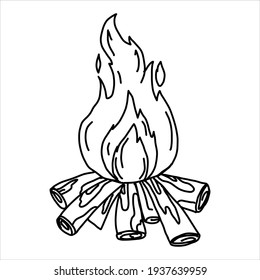 vector bonfire with firewood in doodle style isolated on white background. fire drawn in black line